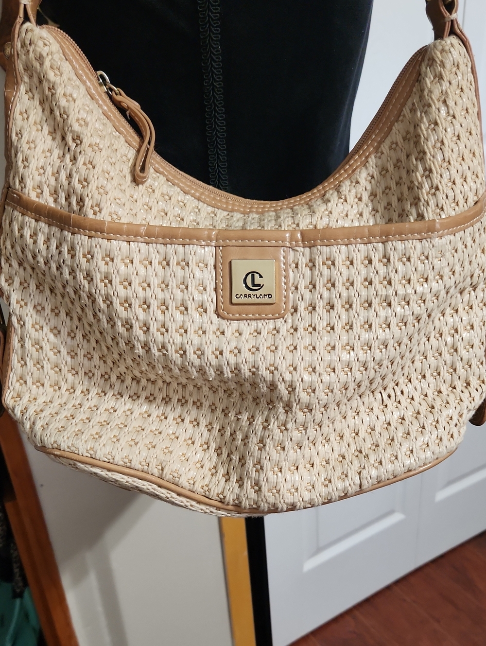 Carryland Cream Woven Shoulder Bag with Tan Trim